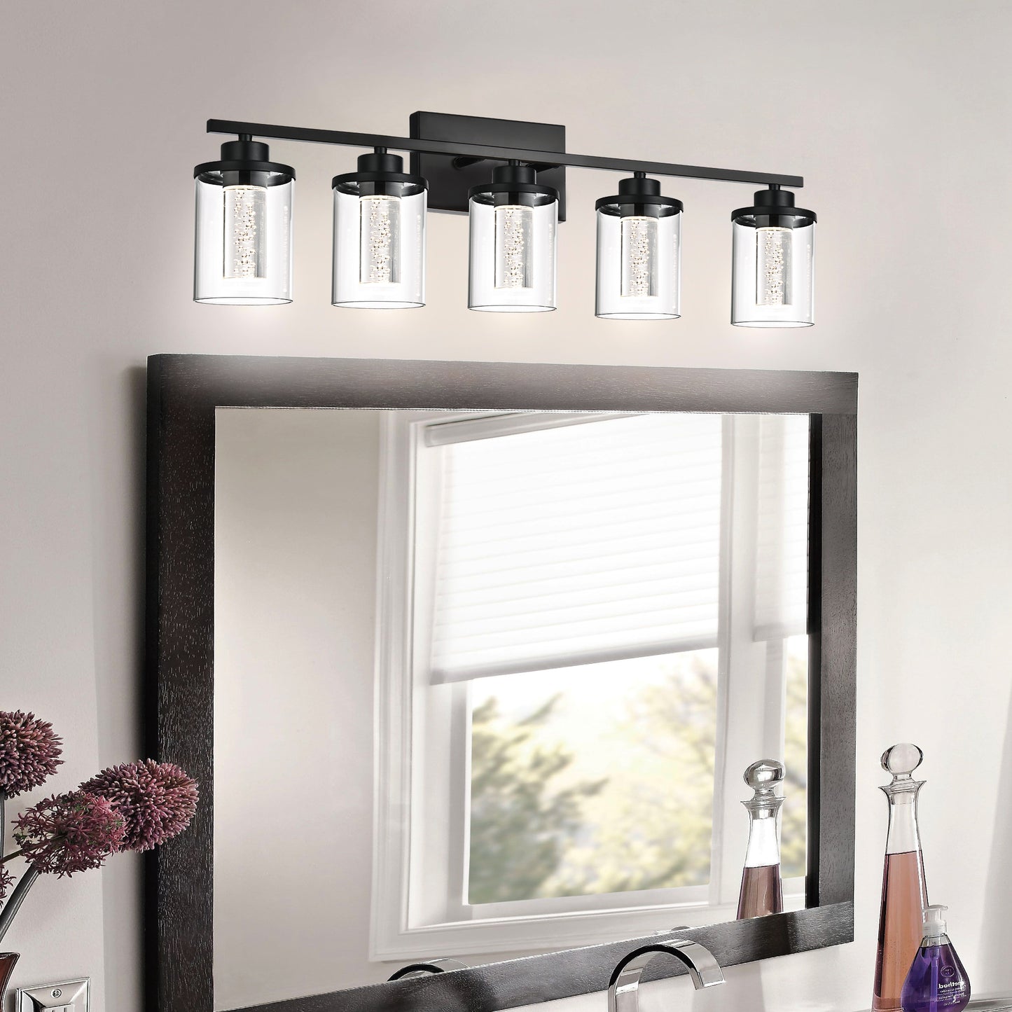 Modern Bubble Crystal 5-Light Vanity Light – 5CCT LED Black Wall Sconce, Adjustable Bulb Orientation, Round Glass & Cylindrical Crystal Shade for Bathroom Glamour