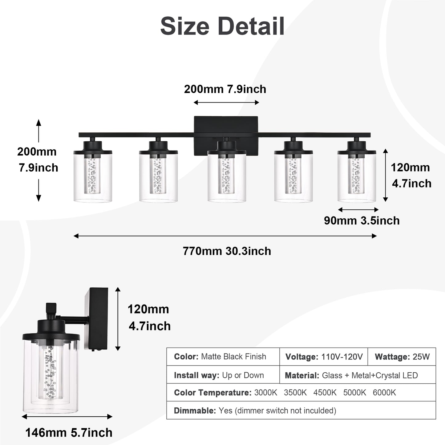 Modern Bubble Crystal 5-Light Vanity Light – 5CCT LED Black Wall Sconce, Adjustable Bulb Orientation, Round Glass & Cylindrical Crystal Shade for Bathroom Glamour