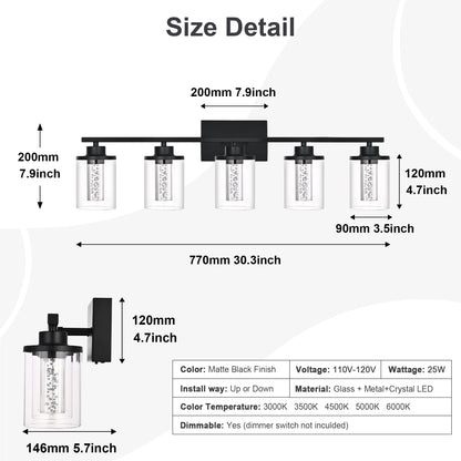 Modern Bubble Crystal 5-Light Vanity Light – 5CCT LED Black Wall Sconce, Adjustable Bulb Orientation, Round Glass & Cylindrical Crystal Shade for Bathroom Glamour