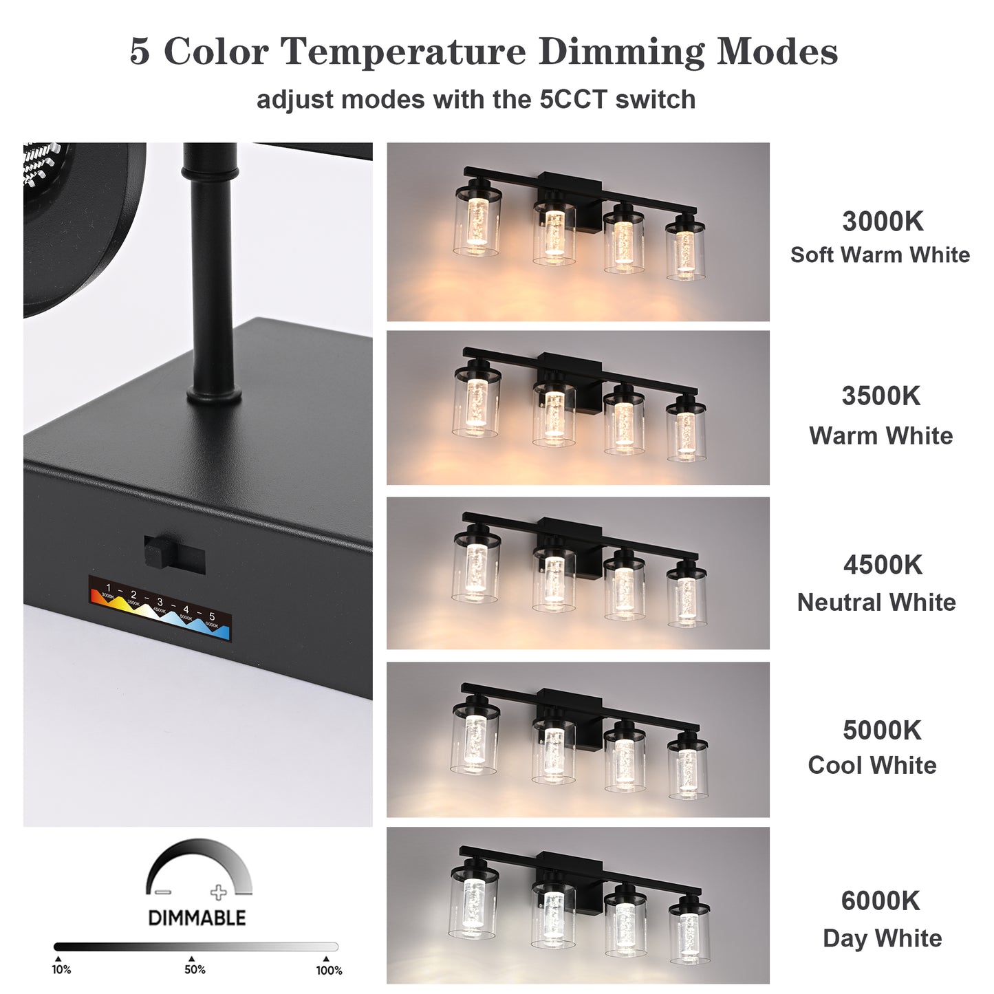 Modern Bubble Crystal 5-Light Vanity Light – 5CCT LED Black Wall Sconce, Adjustable Bulb Orientation, Round Glass & Cylindrical Crystal Shade for Bathroom Glamour