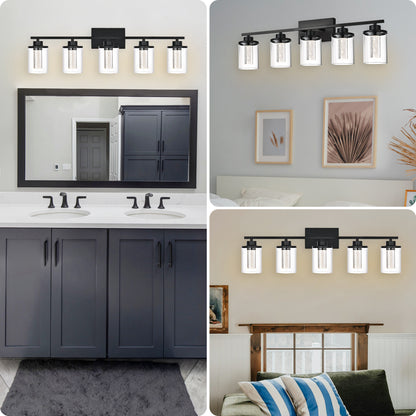 Modern Bubble Crystal 5-Light Vanity Light – 5CCT LED Black Wall Sconce, Adjustable Bulb Orientation, Round Glass & Cylindrical Crystal Shade for Bathroom Glamour