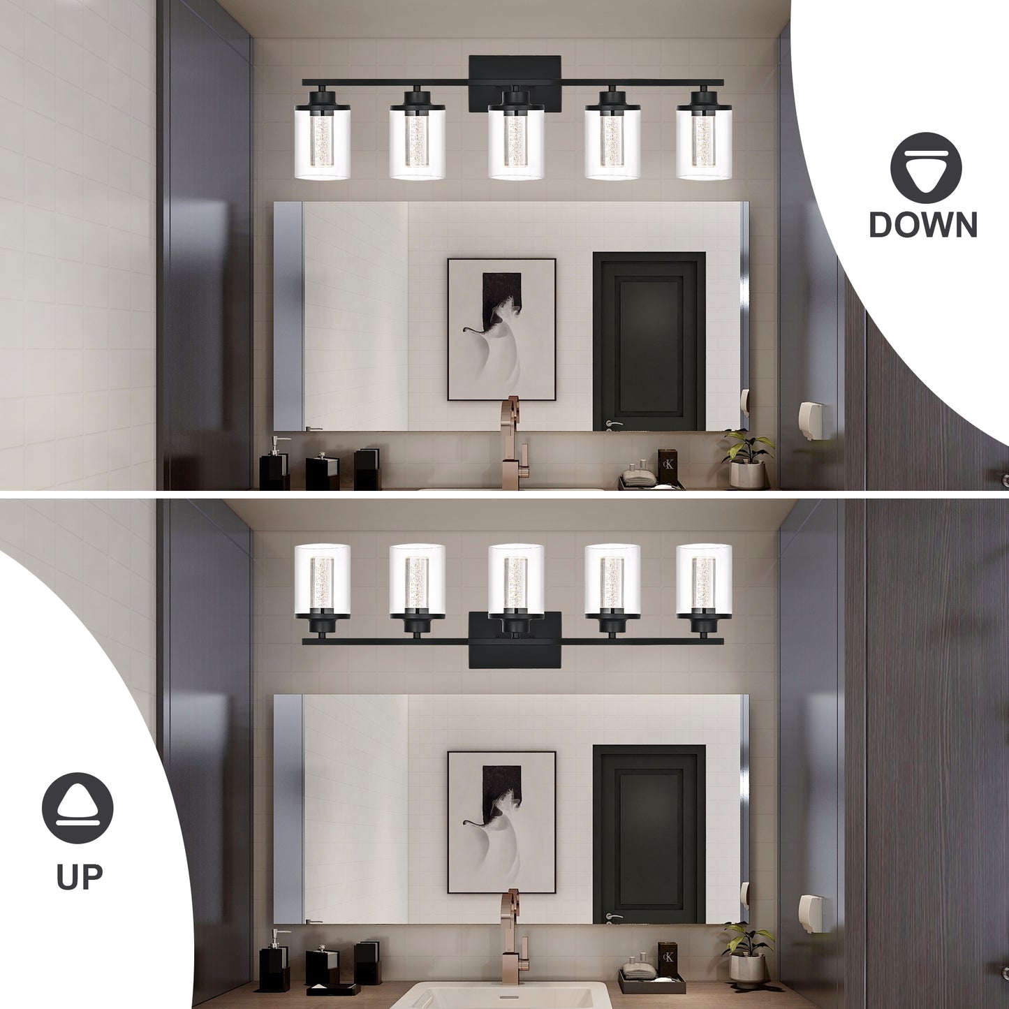 Modern Bubble Crystal 5-Light Vanity Light – 5CCT LED Black Wall Sconce, Adjustable Bulb Orientation, Round Glass & Cylindrical Crystal Shade for Bathroom Glamour