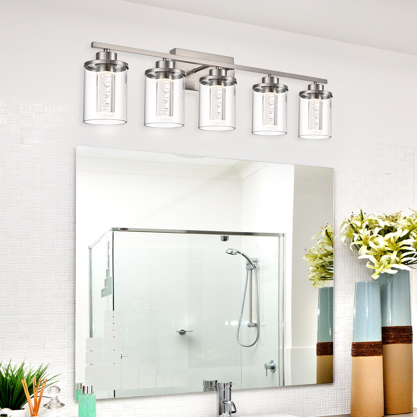 Modern Bubble Crystal 5-Light Vanity Light – 5CCT Adjustable LED Wall Sconce Cylindrical Clear Shade Wall Lights for Bathroom Glamour