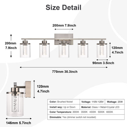 Modern Bubble Crystal 5-Light Vanity Light – 5CCT Adjustable LED Wall Sconce Cylindrical Clear Shade Wall Lights for Bathroom Glamour