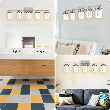 Modern Bubble Crystal 5-Light Vanity Light – 5CCT Adjustable LED Wall Sconce Cylindrical Clear Shade Wall Lights for Bathroom Glamour