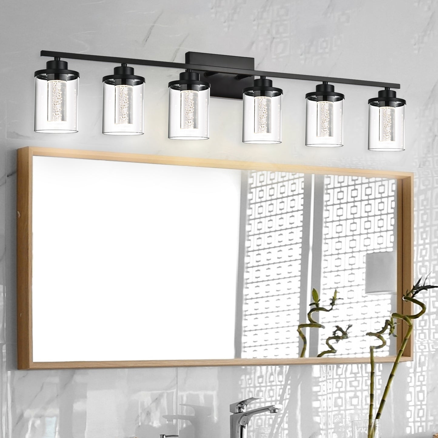 Modern Bubble Crystal 6-Light Vanity Light – 5CCT Adjustable Black LED Wall Sconce Cylindrical Clear Shade Wall Lights for Bathroom Glamour