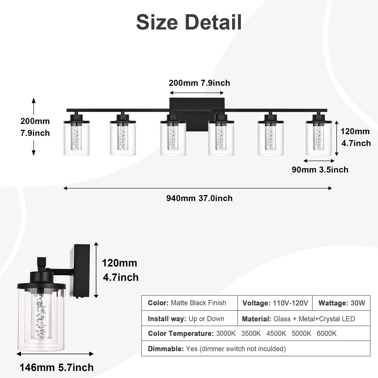 Modern Bubble Crystal 6-Light Vanity Light – 5CCT Adjustable Black LED Wall Sconce Cylindrical Clear Shade Wall Lights for Bathroom Glamour