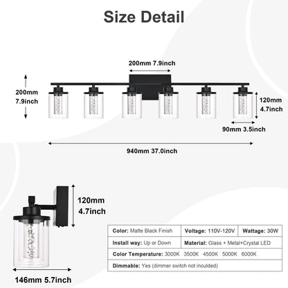 Modern Bubble Crystal 6-Light Vanity Light – 5CCT Adjustable Black LED Wall Sconce Cylindrical Clear Shade Wall Lights for Bathroom Glamour