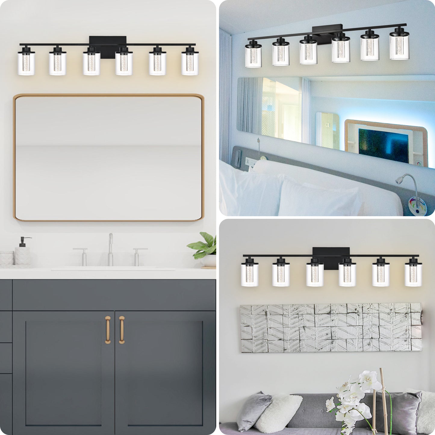 Modern Bubble Crystal 6-Light Vanity Light – 5CCT Adjustable Black LED Wall Sconce Cylindrical Clear Shade Wall Lights for Bathroom Glamour