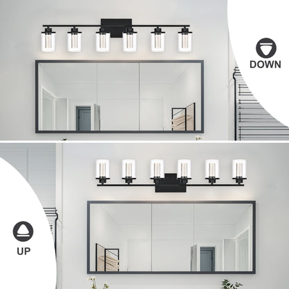 Modern Bubble Crystal 6-Light Vanity Light – 5CCT Adjustable Black LED Wall Sconce Cylindrical Clear Shade Wall Lights for Bathroom Glamour