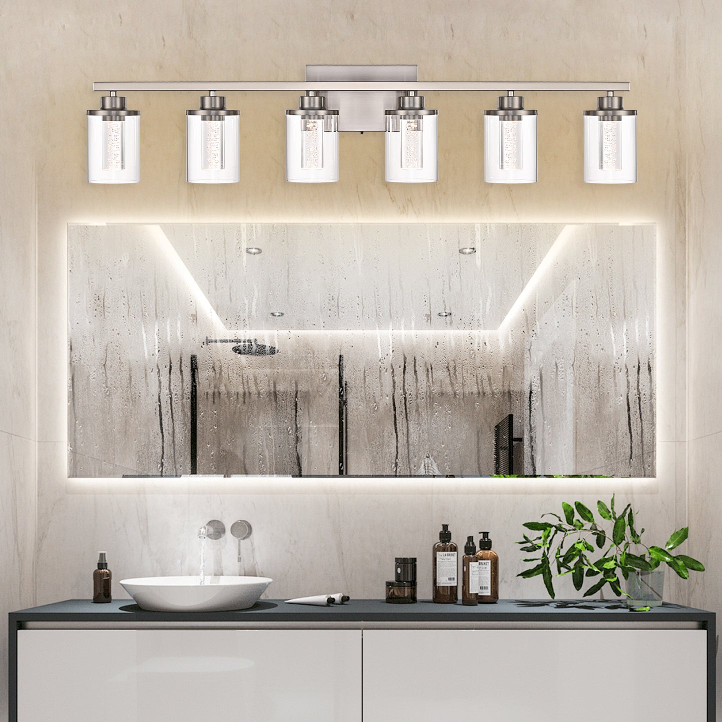 Modern Bubble Crystal 6-Light Vanity Light – 5CCT Adjustable LED Wall Sconce Cylindrical Clear Shade Wall Lights for Bathroom Glamour