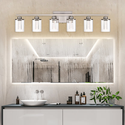 Modern Bubble Crystal 6-Light Vanity Light – 5CCT Adjustable LED Wall Sconce Cylindrical Clear Shade Wall Lights for Bathroom Glamour