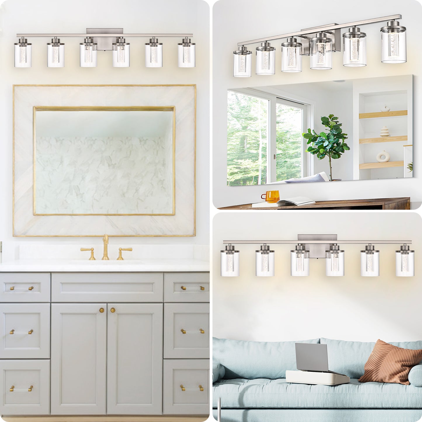 Modern Bubble Crystal 6-Light Vanity Light – 5CCT Adjustable LED Wall Sconce Cylindrical Clear Shade Wall Lights for Bathroom Glamour