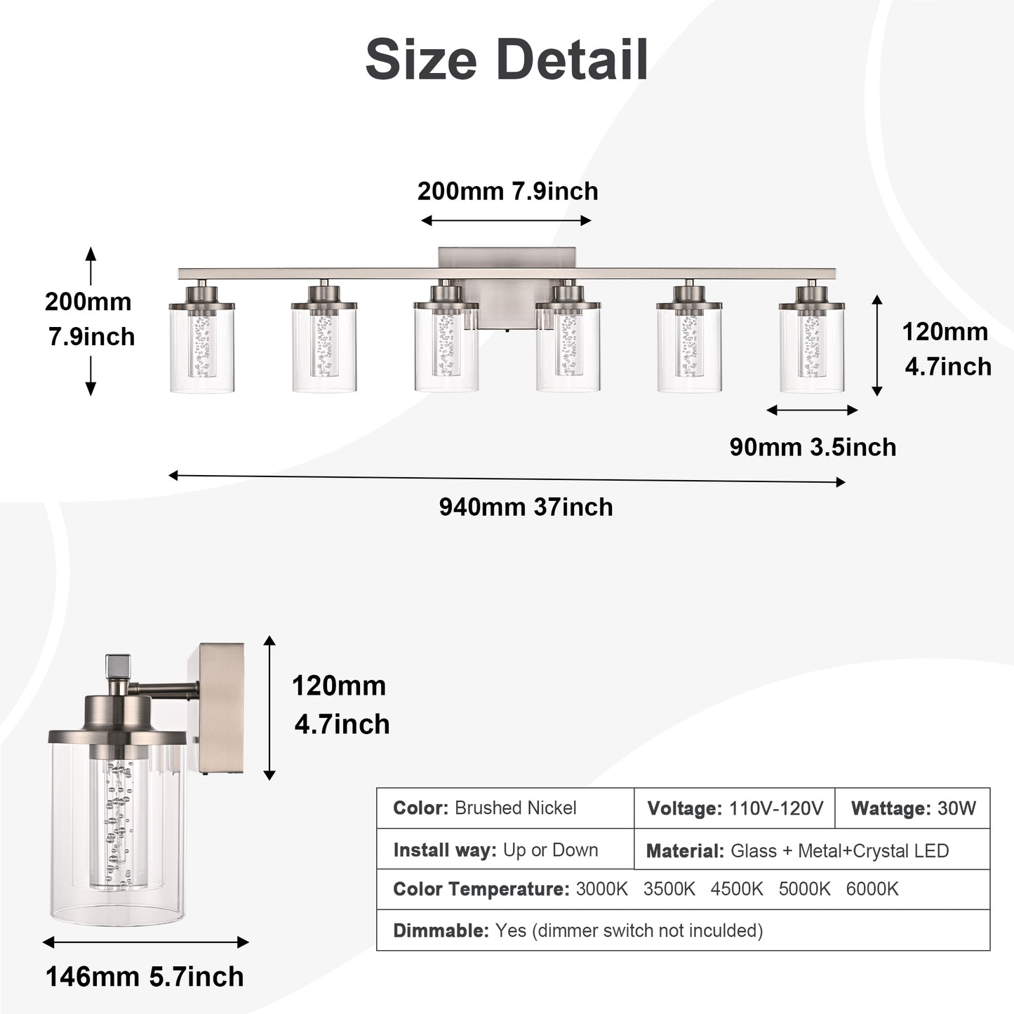 Modern Bubble Crystal 6-Light Vanity Light – 5CCT Adjustable LED Wall Sconce Cylindrical Clear Shade Wall Lights for Bathroom Glamour