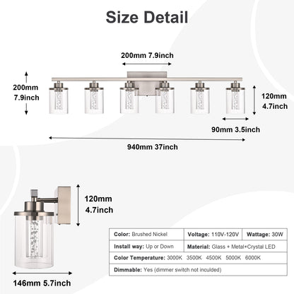 Modern Bubble Crystal 6-Light Vanity Light – 5CCT Adjustable LED Wall Sconce Cylindrical Clear Shade Wall Lights for Bathroom Glamour