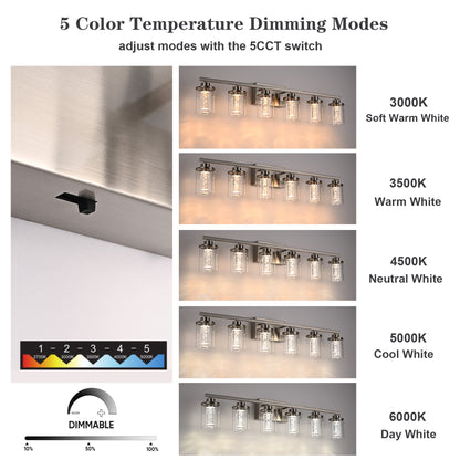 Modern Bubble Crystal 6-Light Vanity Light – 5CCT Adjustable LED Wall Sconce Cylindrical Clear Shade Wall Lights for Bathroom Glamour