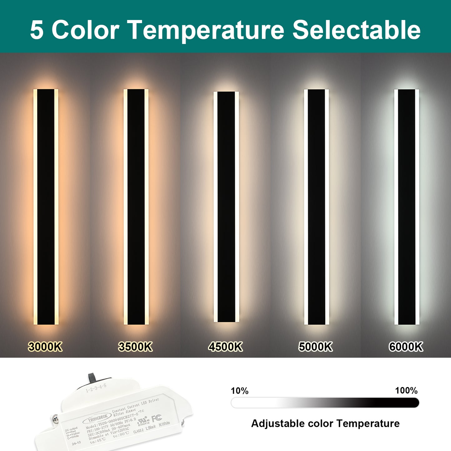 2 Pack 48in Integrated LED Outdoor Wall Light, Modern Waterproof Exterior Garage Sconce Lighting, IP65 Black Finish, 3000K Warm White/6000K Daylight, Hardwired for Porch, Patio, Entryway