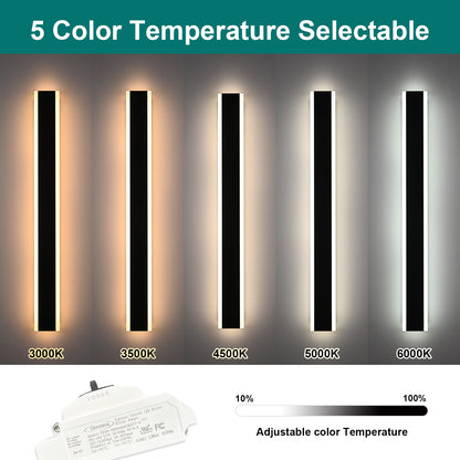 2 Pack 48in Integrated LED Outdoor Wall Light, Modern Waterproof Exterior Garage Sconce Lighting, IP65 Black Finish, 3000K Warm White/6000K Daylight, Hardwired for Porch, Patio, Entryway