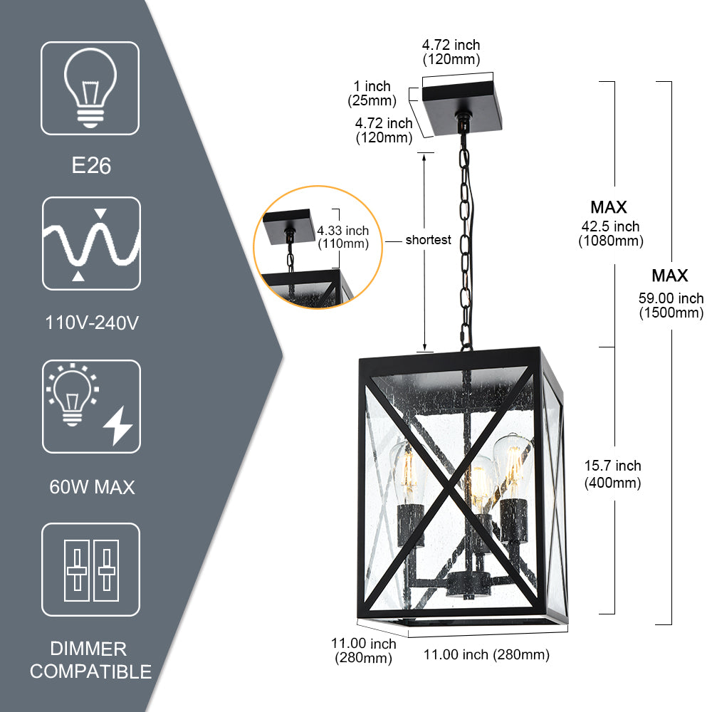 Large Outdoor Pendant Light, Black Exterior Ceiling Porch Light with Seeded Glass Panel, Outdoor Chandelier Hanging Lantern for Garage Entryway Patio Front Door