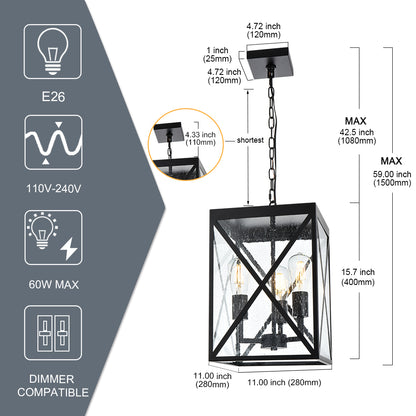 Large Outdoor Pendant Light, Black Exterior Ceiling Porch Light with Seeded Glass Panel, Outdoor Chandelier Hanging Lantern for Garage Entryway Patio Front Door