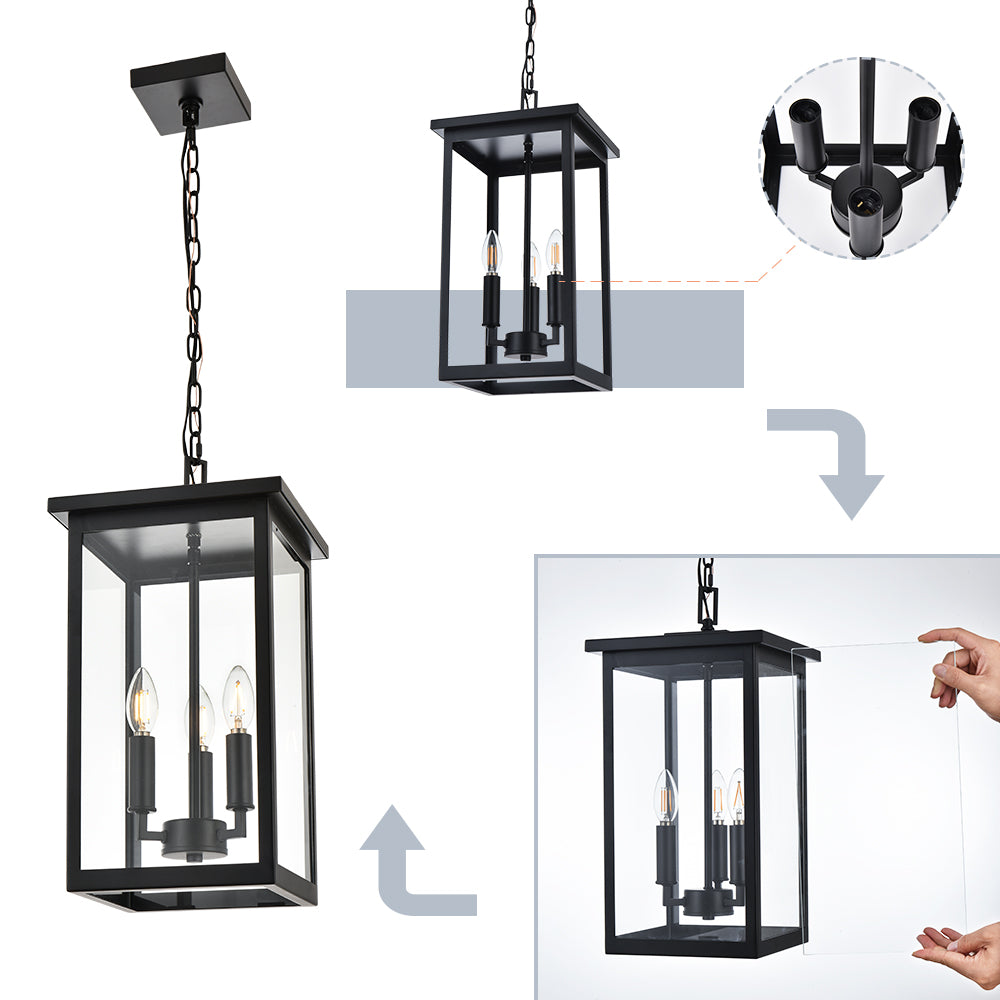 Black Outdoor Pendant Lanern, E12 Candle Chandelier 3-Lights Large Exterior Hanging Light Fixture with Clear Glass Height Adjustable for Indoor Entryway Porch