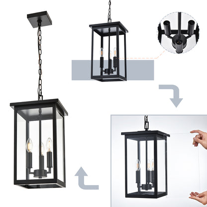 Black Outdoor Pendant Lanern, E12 Candle Chandelier 3-Lights Large Exterior Hanging Light Fixture with Clear Glass Height Adjustable for Indoor Entryway Porch