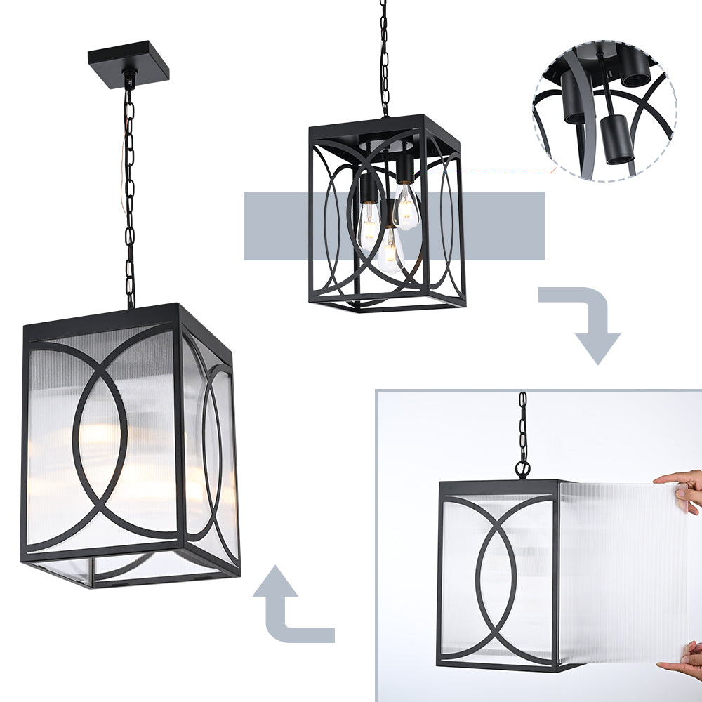 Outdoor Pendant Light, 3-Lights Exterior Porch Hanging Ceiling Lighting Outdoor Chandelier with Clear Ribber Glass for Entryway Patio Doorway Hallway
