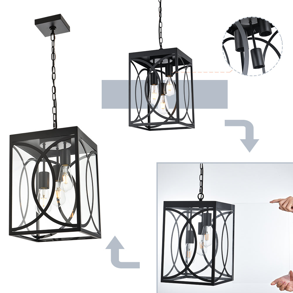 Outdoor Pendant Light Fixture, 3-Light Black Large Exterior Hanging Lantern with Clear Glass, Metal Outdoor Chandelier Porch Lighting for Front Porch Entrance