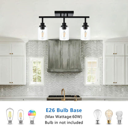 3 Light Bathroom Vanity Light Black Track Lighting Fixtures Ceiling, Vanity Lighting Fixtures with Rotatable Track Head for Hallway Porch Foyer Bath Storage, Clear Glass Shade