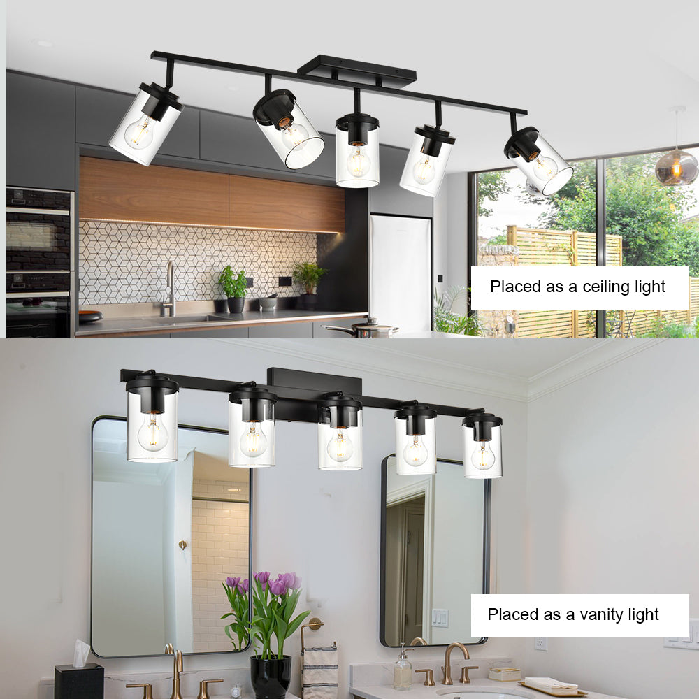 Black Adjustable Track Light Fixture – Modern 5-light Clear Glass Shade Vanity Track Lights with Flexible Heads Wall Mounted
