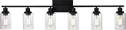 Black Vanity Light Fixture 6-Light Industrial Metal Wall Sconce Bathroom Lighting for Bedroom Hallway Kitchen, Clear Glass Shade Included