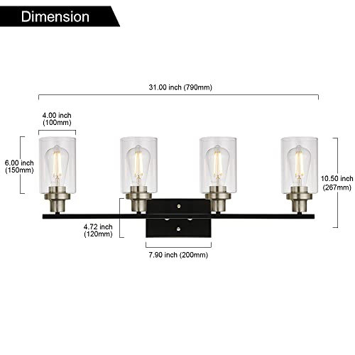 4-Light Modern Vanity Lights with Clear Glass Shade, Black Bathroom Lighting Fixtures Over Mirror Brushed Nickel Wall Mount Lamp for Bedroom Vanity Table Mirror Cabinets