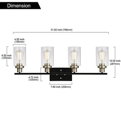 4-Light Modern Vanity Lights with Clear Glass Shade, Black Bathroom Lighting Fixtures Over Mirror Brushed Nickel Wall Mount Lamp for Bedroom Vanity Table Mirror Cabinets