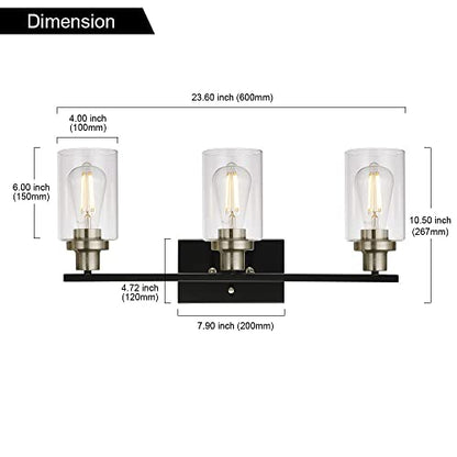 Modern Bathroom Lighting with Clear Glass Shade, 3-Light Black Vanity Light Wall Mount Lamp for Bedroom Vanity Table Bathroom Dressing Table, Brushed Nickel Finish Socket