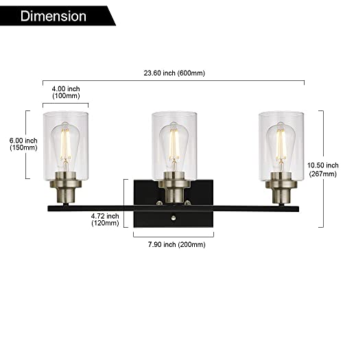 Modern Bathroom Lighting with Clear Glass Shade, 3-Light Black Vanity Light Wall Mount Lamp for Bedroom Vanity Table Bathroom Dressing Table, Brushed Nickel Finish Socket