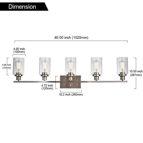 5-Light Bathroom Vanity Light Brushed Nickel Wall Sconce Modern Light Fixtures Wall Mount with Clear Glass Shade for Porch Bedroom Hallway Kitchen