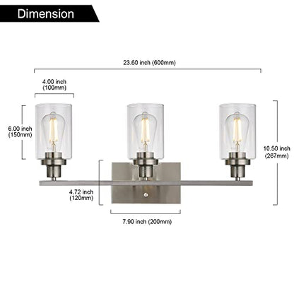 3 Lights Wall Sconce Brushed Nickel Finished Modern Bathroom Vanity Light Fixtures with Clear Glass Shade Suit for Porch Bedroom Foyer Kitchen