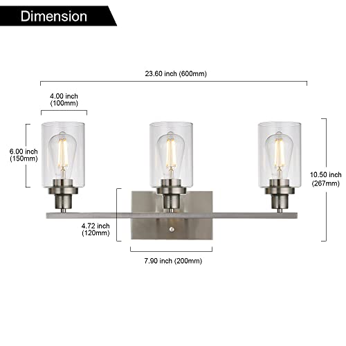 3 Lights Wall Sconce Brushed Nickel Finished Modern Bathroom Vanity Light Fixtures with Clear Glass Shade Suit for Porch Bedroom Foyer Kitchen
