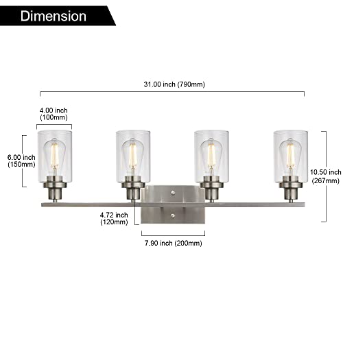 Bathroom Light Fixtures Brushed Nickel 4 Heads Modern Vanity Lights Wall Sconce with Clear Glass Shade for Hallway Kitchen Bedroom Living Room