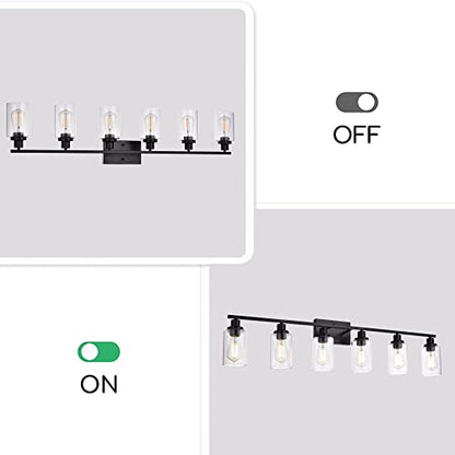 Black Vanity Light Fixture 6-Light Industrial Metal Wall Sconce Bathroom Lighting for Bedroom Hallway Kitchen, Clear Glass Shade Included