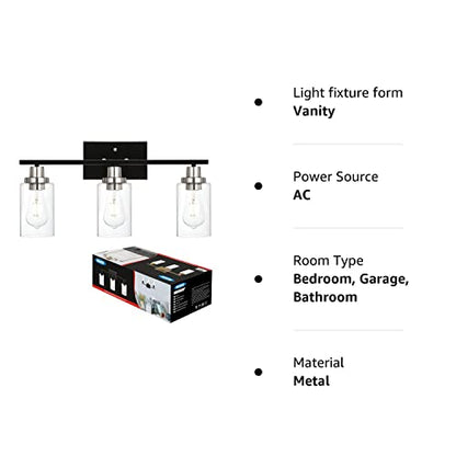 Modern Bathroom Lighting with Clear Glass Shade, 3-Light Black Vanity Light Wall Mount Lamp for Bedroom Vanity Table Bathroom Dressing Table, Brushed Nickel Finish Socket