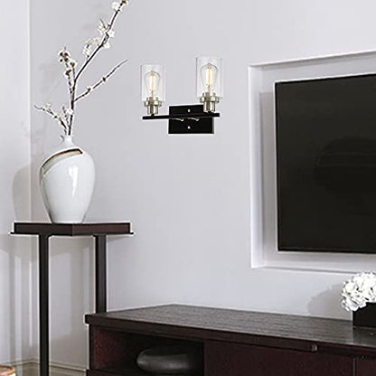 Modern Bathroom Light Fixtures 2-Light Matte Black Vanity Light with Clear Glass Shade for Stair Entryway Hallway, Brushed Nickel Socket