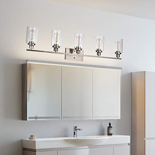 5-Light Bathroom Vanity Light Brushed Nickel Wall Sconce Modern Light Fixtures Wall Mount with Clear Glass Shade for Porch Bedroom Hallway Kitchen