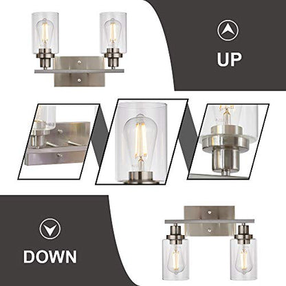 Metal Wall Lights with Clear Glass Shade 2 Heads Bathroom Light Fixtures Brushed Nickel Modern Vanity Lights Sconces for Hallway Bedroom Kitchen