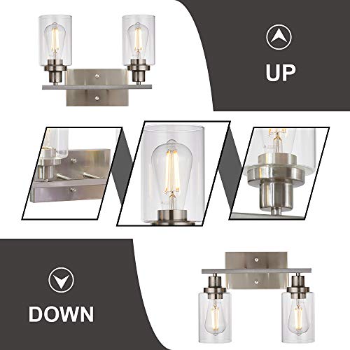 Metal Wall Lights with Clear Glass Shade 2 Heads Bathroom Light Fixtures Brushed Nickel Modern Vanity Lights Sconces for Hallway Bedroom Kitchen