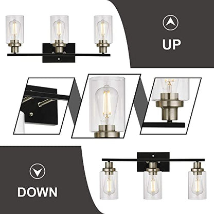Modern Bathroom Lighting with Clear Glass Shade, 3-Light Black Vanity Light Wall Mount Lamp for Bedroom Vanity Table Bathroom Dressing Table, Brushed Nickel Finish Socket