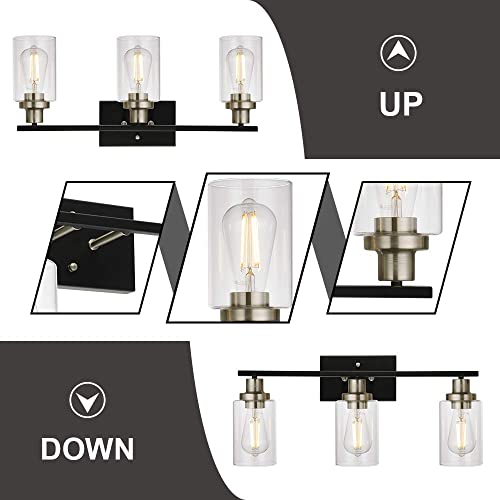 Modern Bathroom Lighting with Clear Glass Shade, 3-Light Black Vanity Light Wall Mount Lamp for Bedroom Vanity Table Bathroom Dressing Table, Brushed Nickel Finish Socket
