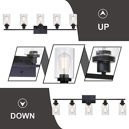40 Inches Length 5-Light Bathroom Vanity Light Fixtures Black Industrial Wall Sconce Lighting with Clear Glass Shade for Living Room Bedroom Hallway Kitchen