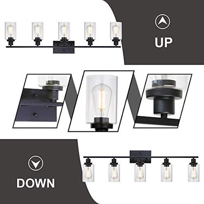 40 Inches Length 5-Light Bathroom Vanity Light Fixtures Black Industrial Wall Sconce Lighting with Clear Glass Shade for Living Room Bedroom Hallway Kitchen