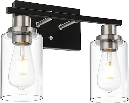 Modern Bathroom Light Fixtures 2-Light Matte Black Vanity Light with Clear Glass Shade for Stair Entryway Hallway, Brushed Nickel Socket
